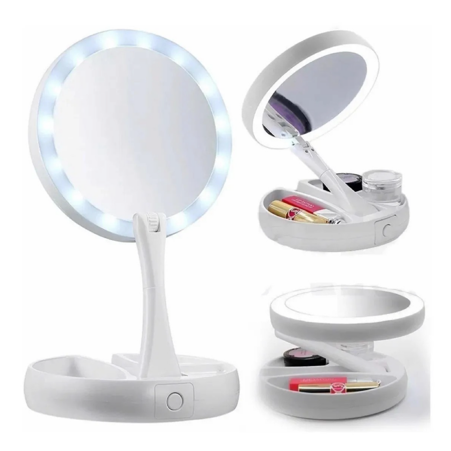 Espejo de Maquillaje con Luz LED – Plegable con Compartimento